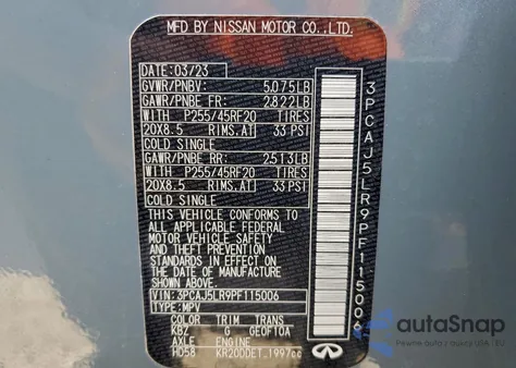 2023 Infiniti Qx55 Sensory z USA, uszkodzony, nr VIN 3PCAJ5LR9PF115006